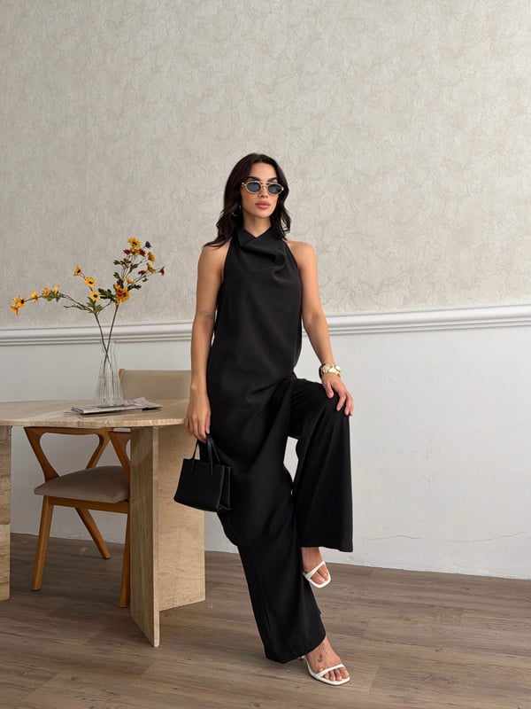 26KT0691A-B DEGAJE YAKA ASİMETRİK BLUZ&PANTOLON TAKIM 