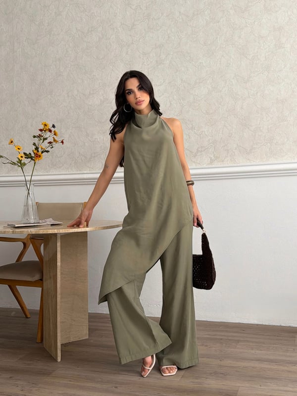 26KT0691A-B DEGAJE YAKA ASİMETRİK BLUZ&PANTOLON TAKIM 