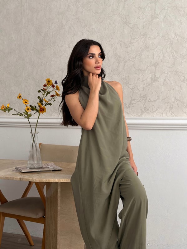 26KT0691A-B DEGAJE YAKA ASİMETRİK BLUZ&PANTOLON TAKIM 