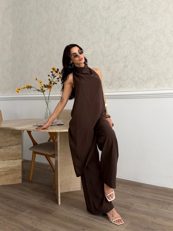 26KT0691A-B DEGAJE YAKA ASİMETRİK BLUZ&PANTOLON TAKIM 