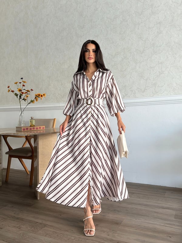 26Y5289 ÇİZGİLİ SATEN BALON KOL ELBİSE