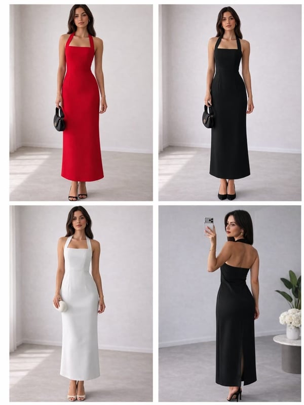 26Y5307 KADIN ATLAS HALTER YAKA ELBİSE