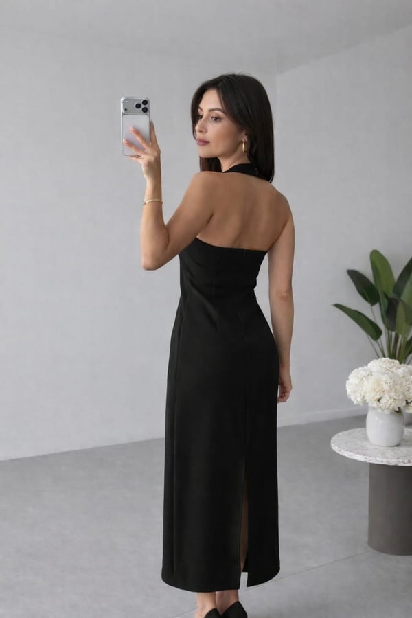 26Y5307 KADIN ATLAS HALTER YAKA ELBİSE