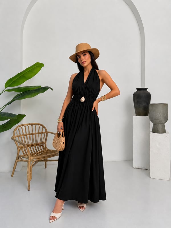 26Y5342 TOKA DETAYLI BEL LASTİKLİ ELBİSE