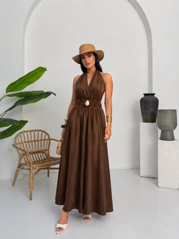 26Y5342 TOKA DETAYLI BEL LASTİKLİ ELBİSE