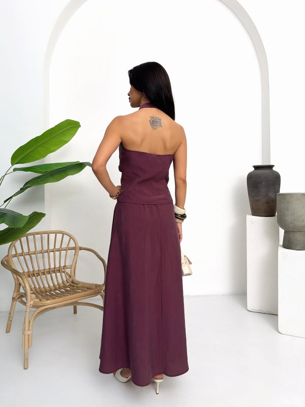 26YT6016 A-B HALTER YAKA TAŞ DÜĞMELİ BLUZ & ETEK TAKIM