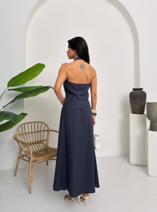 26YT6016 A-B HALTER YAKA TAŞ DÜĞMELİ BLUZ & ETEK TAKIM