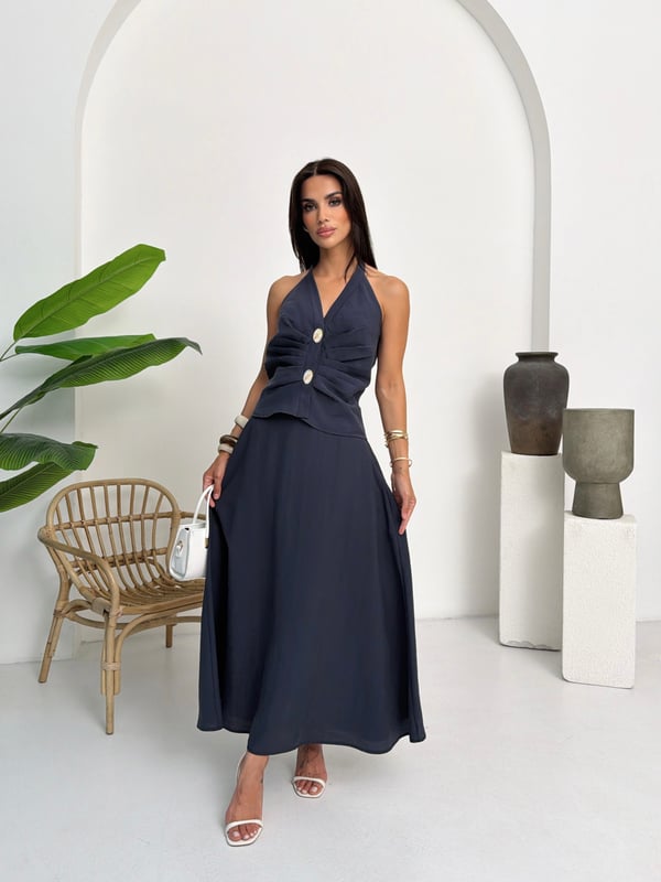 26YT6016 A-B HALTER YAKA TAŞ DÜĞMELİ BLUZ & ETEK TAKIM