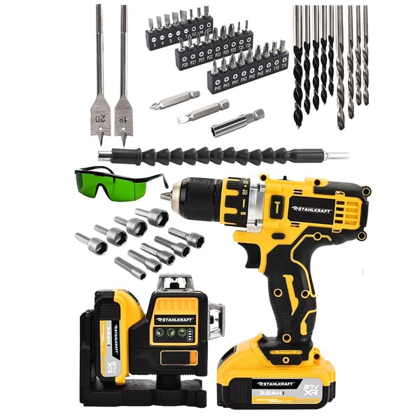 STAHLKRAFT STH 8853 S Çift Akülü 12 Köşe 360° Otomatik Hizalamalı Lazer + Çelik Madren matkap Yeşil Çizgili