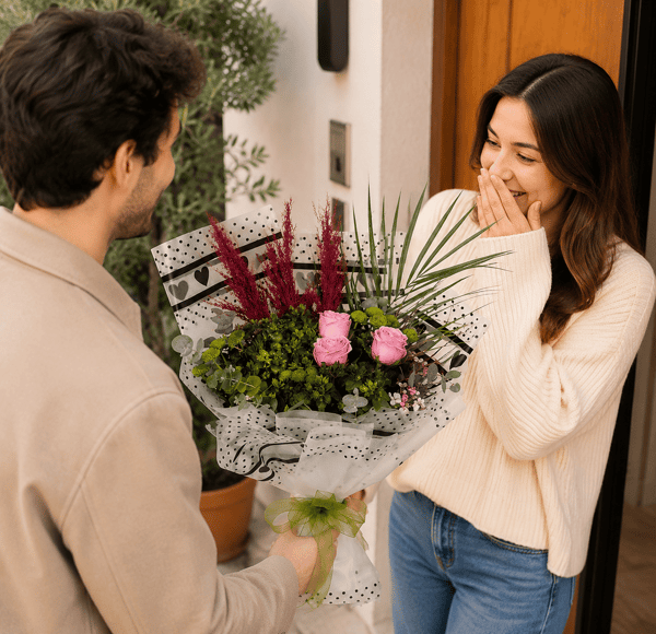Athena Gül ve Yeşil Biçme Buketi Orta Boy  