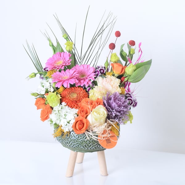 Ayaklı Yeşil Eskitme Saksıda Lahana ve Gerbera   