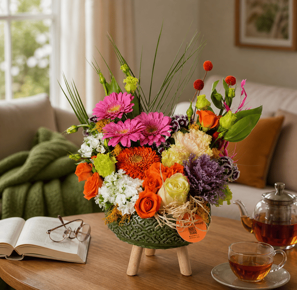 Ayaklı Yeşil Eskitme Saksıda Lahana ve Gerbera   