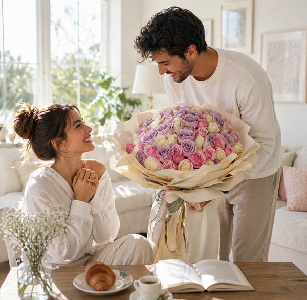 Beyaz Athena ve Lila Gülden Oluşan Büyük Boy Buket  