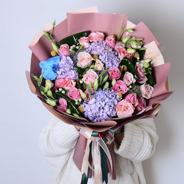 Blue Hydrangeas and Pink Roses