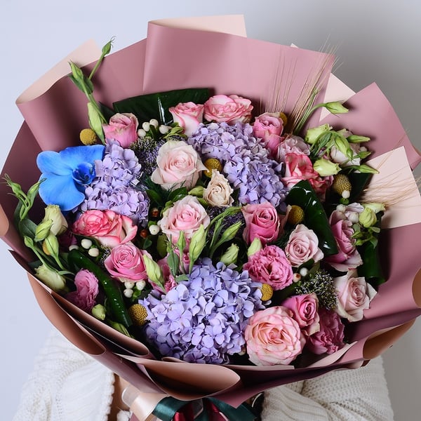 Blue Hydrangeas and Pink Roses