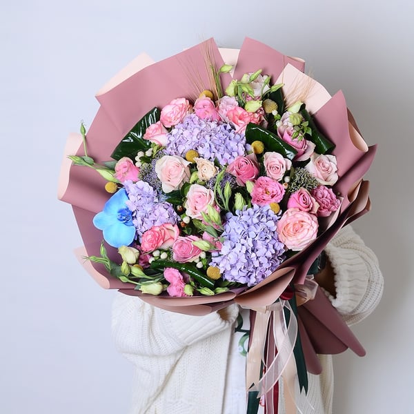 Blue Hydrangeas and Pink Roses
