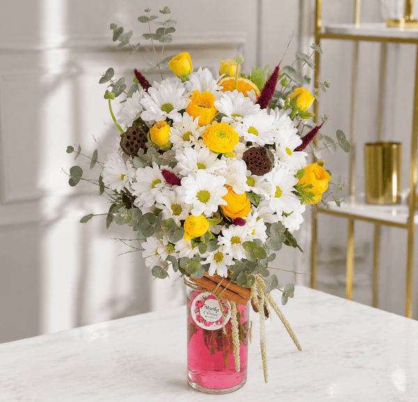 Daisy and Eren Roses in Surahi Vase