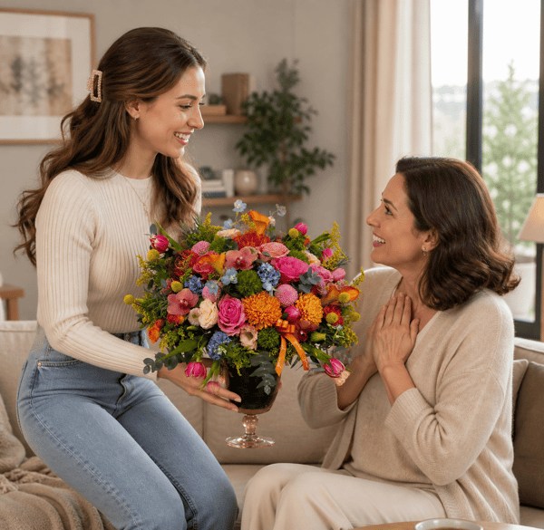 Flowers in a Glass Vase with Green Leaves
