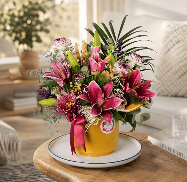 Pink Lilies and Eren Roses in Gold Pots