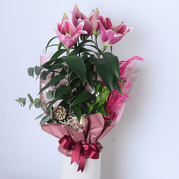 Seramik Saksıda Pembe Lilyum Çiçeği Boy 50 cm
