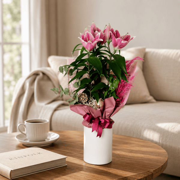Seramik Saksıda Pembe Lilyum Çiçeği Boy 50 cm