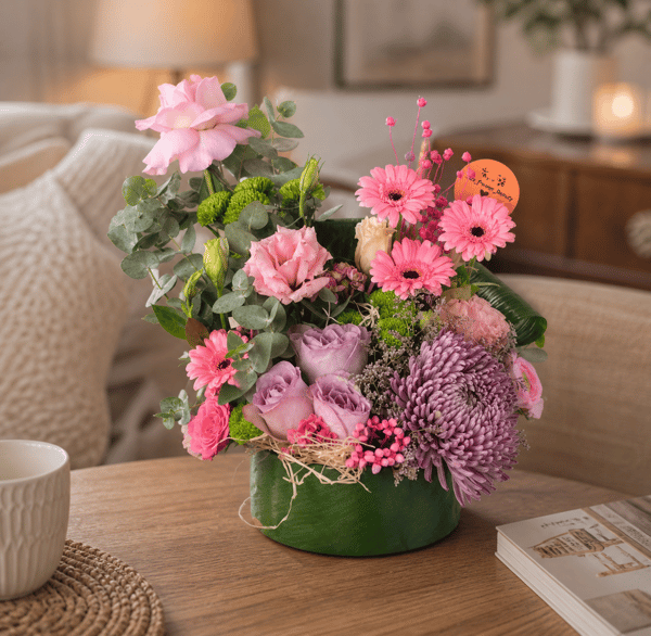 Yeşil Oval Saksıda Anastasiya ve Gerbera Çiçeği 