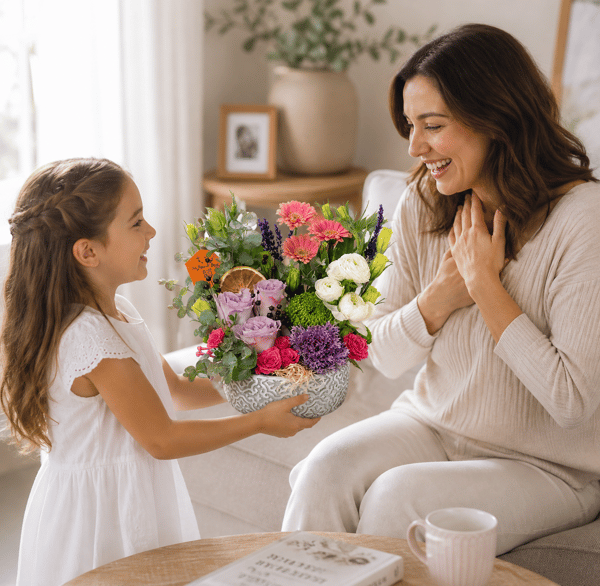 Yuvarlak Eskitme Saksıda Lile Gül ve Pembe Gerbera Çiçeği 