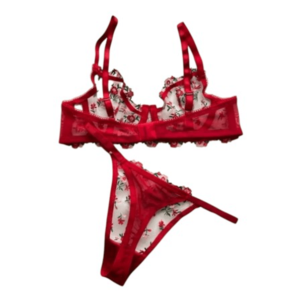 Arona Kırmızı Beyaz Tül Çiçek Nakışlı Dantel 2li Tanga Takım