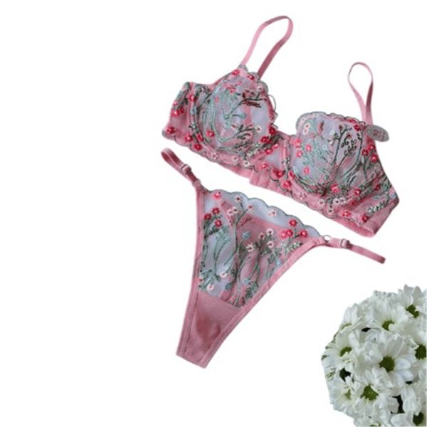 Arona Pembe Çiçek Dalı Tanga Tül Nakış İşlemeli  2li Takım