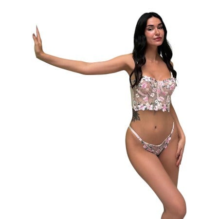 İçi Boş Tül Ten Rengi Nakışlı Çiçekli Büstiyer Takımı