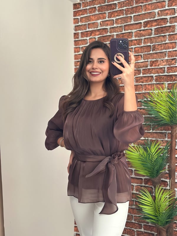 belden bağlamalı şifon bluz acı kahve 