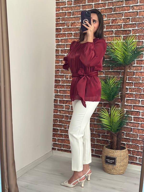 Belden Bağlamalı Şifon Bluz Bordo
