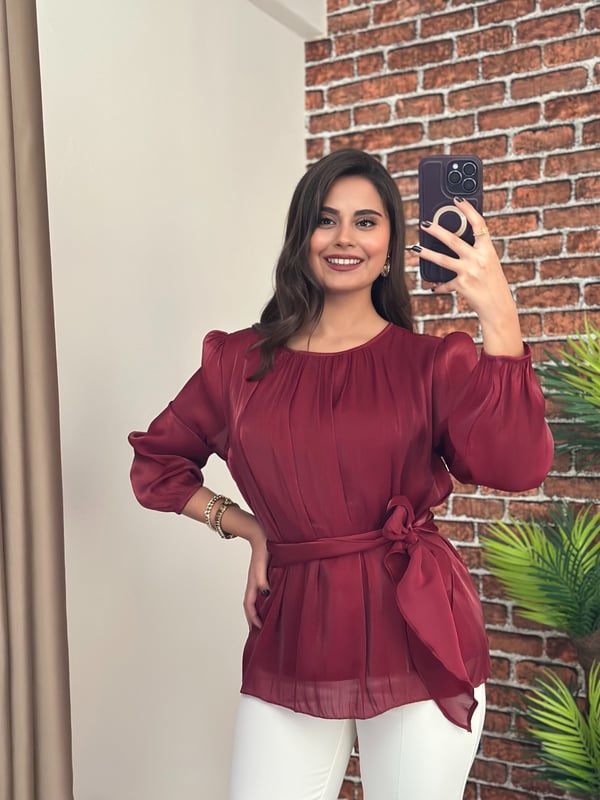 Belden Bağlamalı Şifon Bluz Bordo