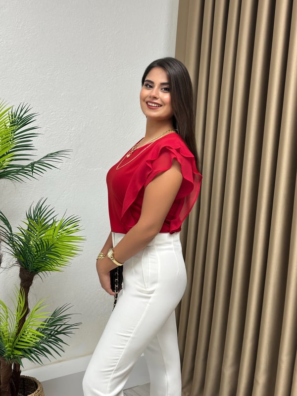 Buzin Kumaş Likralı Kolları Fırfırlı Şifon İkili Kolye Detaylı Bluz Kırmızı