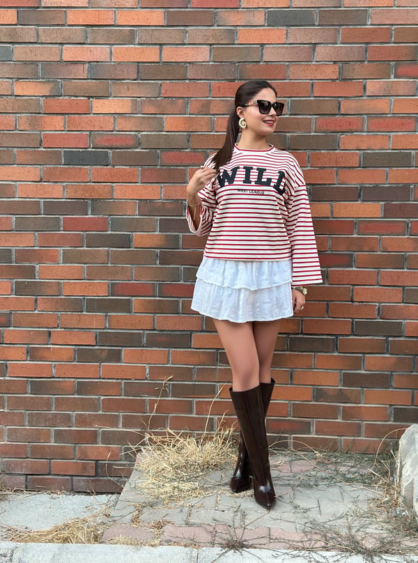 Çizgili Oversize Baskılı Bol Kesim Detaylı Sweatshirt 
