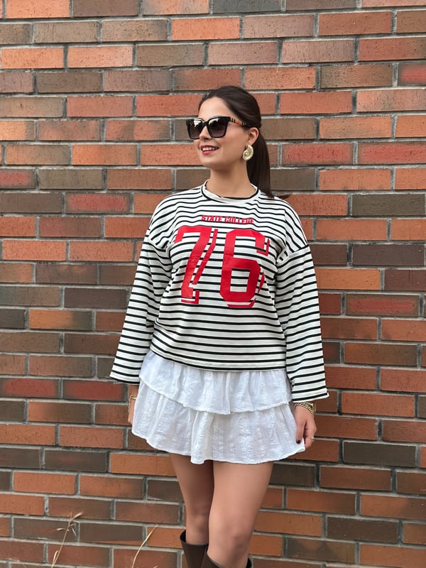 Çizgili Oversize Baskılı Bol Kesim Detaylı Sweatshirt Siyah