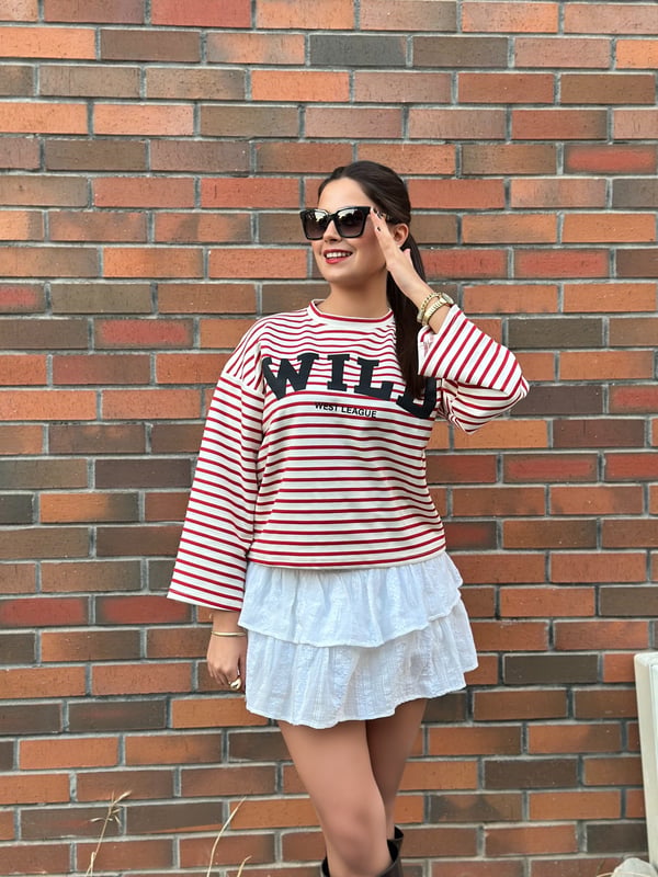 Çizgili Oversize Baskılı Bol Kesim Detaylı Sweatshirt 