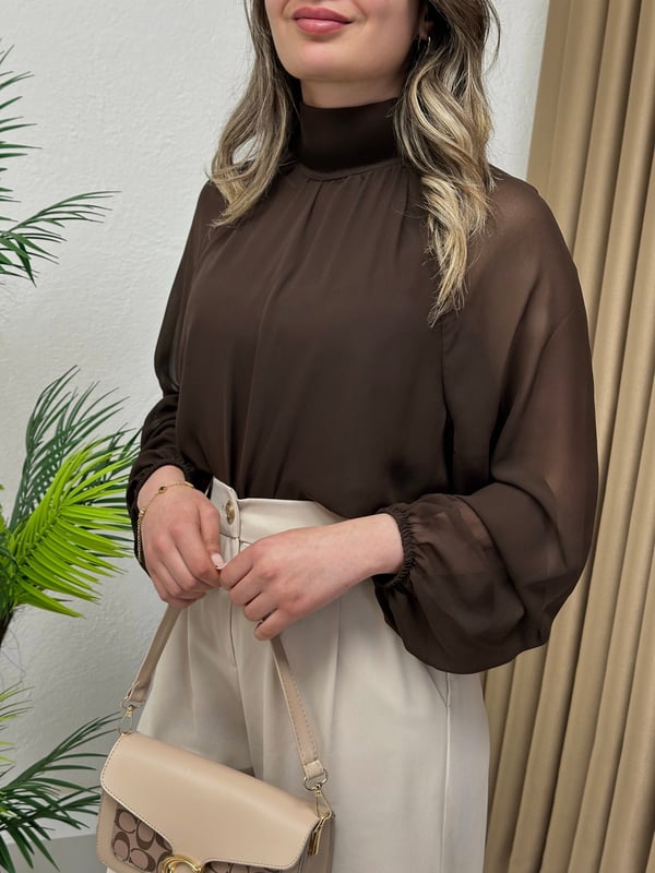 Dik Yaka Bağlamalı Astarlı Şifon Bluz Acı Kahve
