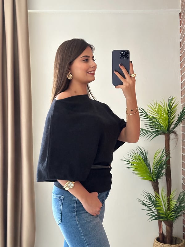Dilvin KayıkYaka Yarasa Kol Kemerli Triko Bluz Siyah