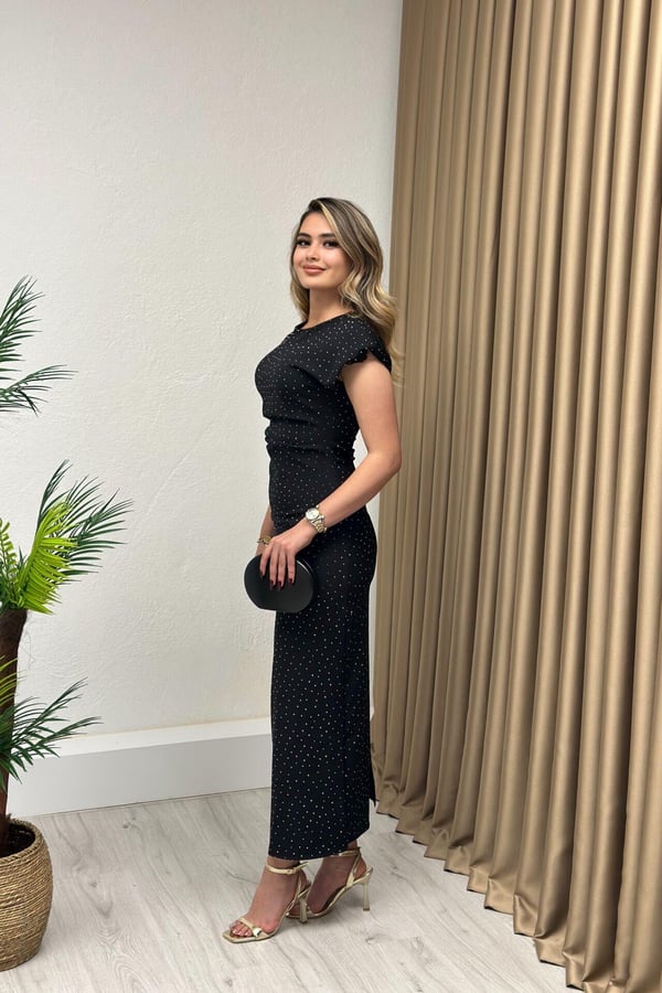 Drapeli Taşlı Elbise Siyah