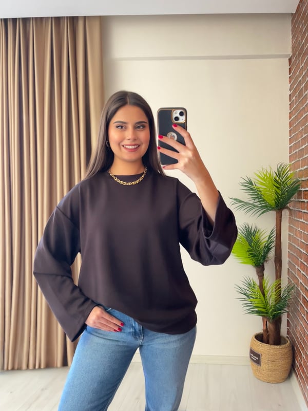 Geniş Kollu Oversize Premium Basic Sweatshirt Acı Kahve
