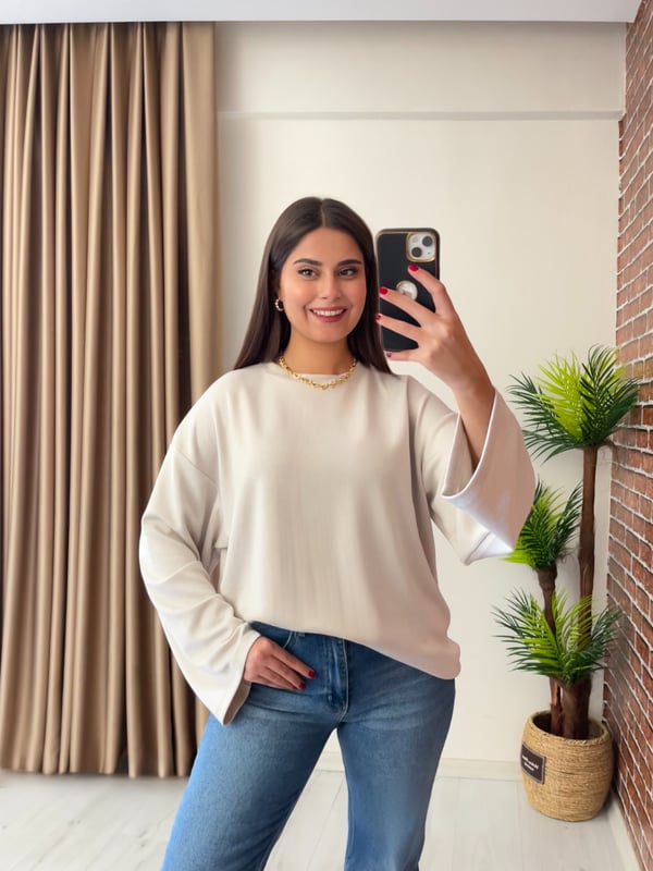 Geniş Kollu Oversize Premium Basic Sweatshirt Bej