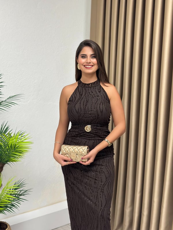 Halter Yaka Boyundan Bağlamalı Flok Baskılı Gold Tokalı Simli Elbise Acı Kahve
