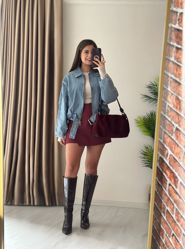 Kemer Detaylı Balon Kol Denim Bomber Ceket 