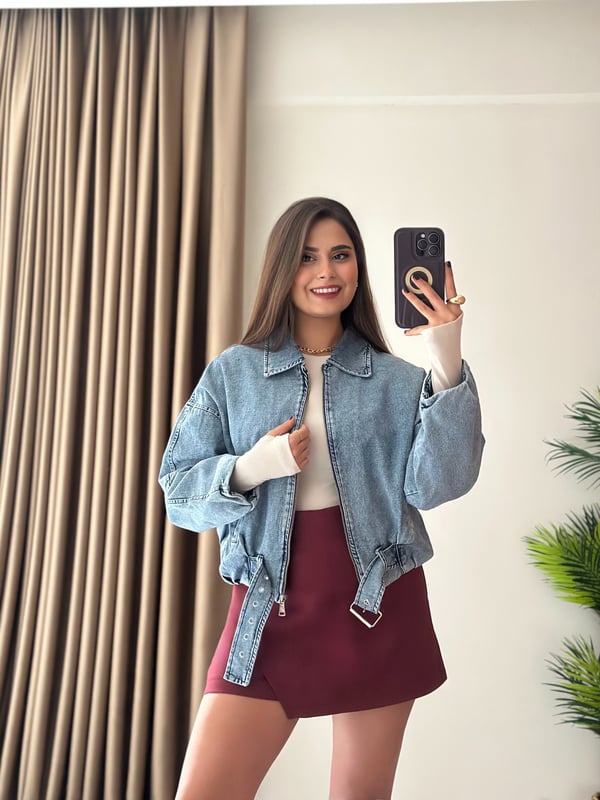 Kemer Detaylı Balon Kol Denim Bomber Ceket 