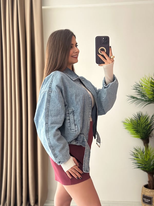 Kemer Detaylı Balon Kol Denim Bomber Ceket 
