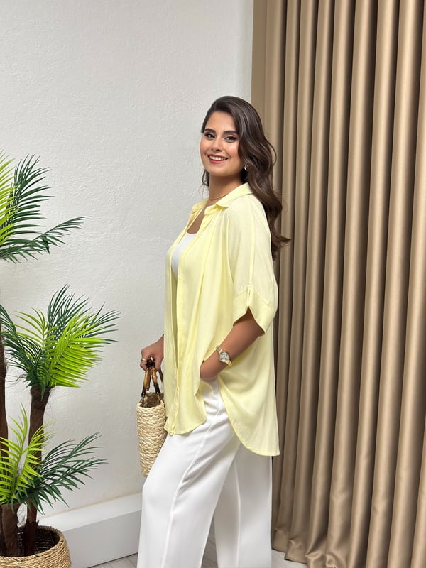 Kısa Kol Basic Kimono Tarz Krinkıl Oversize Gömlek Sarı