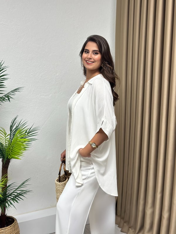 Kısa Kol  Kimono Tarz Krinkıl Kumaş Oversize Basic Gömlek Beyaz