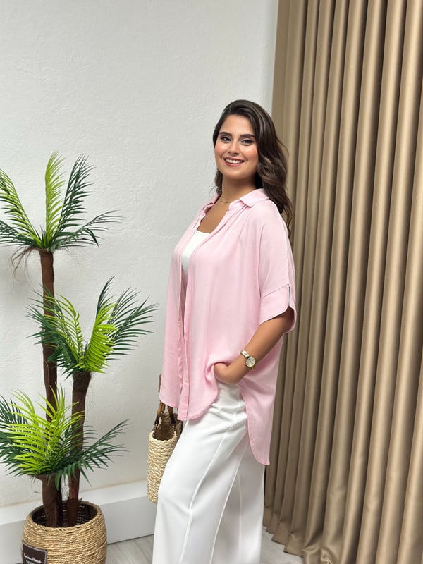 Kısa Kol  Kimono Tarz Krinkıl Kumaş Oversize Basic Gömlek Pembe