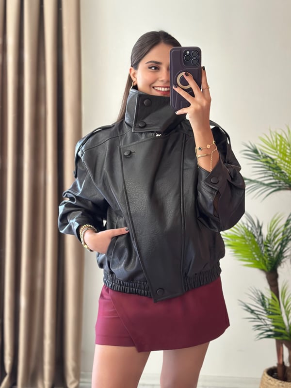 Marka Model Dokulu Dik Yaka Oversize Deri Mont Koyu Kahve